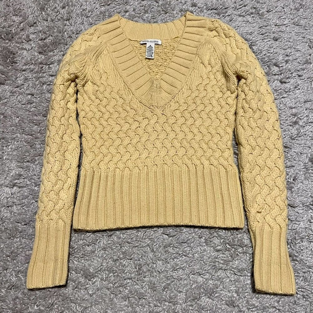 Banana Republic 100% Italian Merino Wool Yellow Cable-Knit V-Neck Sweater sz M